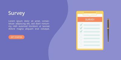 Feedback survey form on clipboard landing page concept Online customer feedback service web template with clipboard, survey check list and pen on violet background. landing illustration vector