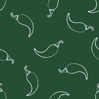 Decorative seamless chalk contour chilli vegetable pattern. Retro background with chalk silhouette chili pepper vegetables on green chalkboard. Seamless illustration for vegetarian menu pattern vector