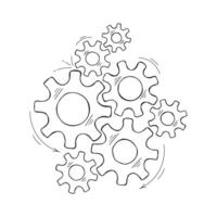Mechanical gears sketch illustration. Cooperation concept hand drawn engine system with outline cog and gear signify human progress. Cogwheel graphic for pictogram template or web element vector