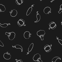 Flat chalk silhouette vegetable seamless pattern. Trendy decoration background on black chalkboard with chalk contour vegetables. Seamless illustration for vegetarian menu pattern, fabric print vector
