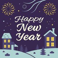 a poster for happy new year with a house and fireworks in the background vector