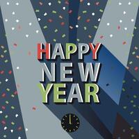 a clock with a colorful background that says happy new year on it. vector