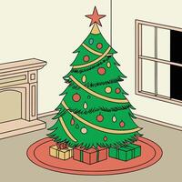 a christmas tree is in a room with a fireplace and a fireplace. vector