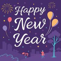 a purple poster with a man walking in the background with balloons and text happy new year vector