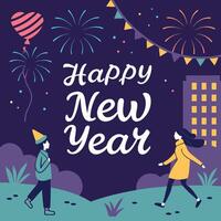 a poster for happy new year with a couple dancing and fireworks vector