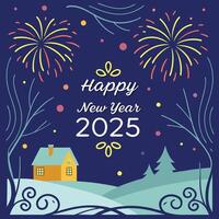 a poster with a house and fireworks in the background. vector