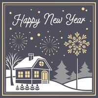 a house with a snow covered roof and a house with the words happy new year on it. vector