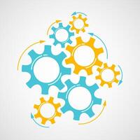 Mechanical cogs technology illustration. Cooperation concept engine system with cog and gear in yellow and azure colors signify human progress. Cogwheel graphic for web element or sign template vector