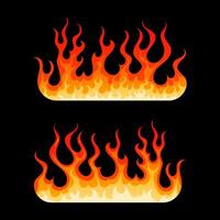 Cartoon burning flames element. Two decoration element with hot blazing fire flame in yellow, orange and red colors isolated on black background. illustration for web design or flammable emblem vector