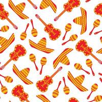 National mexican objects seamless pattern. texture with sombrero, guitar and maracas in red, yellow and orange colors on white background for event decoration or seamless fabric design vector