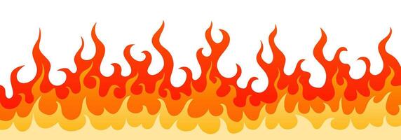 Stylish illustration with blazing wall of wildfire. Decoration frame with hot burning fire flame in red, orange and yellow colors isolated on white background for flammable web design vector