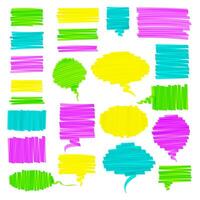 Hand drawn highlighter brush graphic set. Colorful hand drawings with scribbled square talk cloud, round speech bubble, and highlight sketchy rectangle box. illustration for text memo design vector