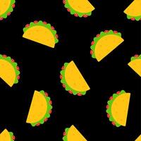 Festive mexican taco food seamless pattern. Delicious beef meat or vegetable tacos with salad and tomato randomly ordered on black background. illustration for celebration cafe menu template vector