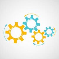 Mechanical gears colorful progress illustration. Teamwork concept design element, factory mechanism with cog and gear in orange and blue color signify human cooperation and communication. vector
