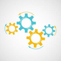 Industrial gears illustration. Development concept mechanism construction with blue and orange cog and gear signify people communication. Cogwheel graphic for pictogram template or web element vector