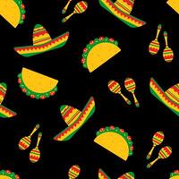 National taco day festive seamless pattern. Traditional tacos with beef, salad and tomato, bright sombreros and mexican maracas randomly ordered on black background. illustration for web banner vector