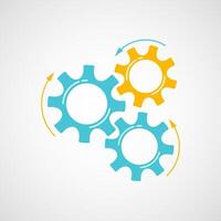 Mechanical gears illustration. Development concept design element with blue and yellow cog and gear signify innovation teamwork. Cogwheel graphic for technical symbol or modern background vector