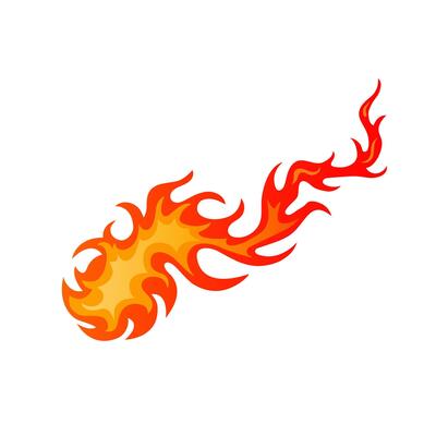 Burning hot comet cartoon sign. Bright fire flame in blazing inferno fireball in red and orange color isolated on white background. illustration fire flame for burning tattoo or decal