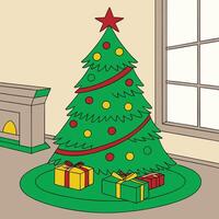 a green christmas tree with a red star on it vector