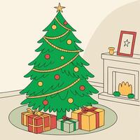 a drawing of a christmas tree with presents on the floor. vector