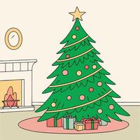 a christmas tree is in front of a fireplace. vector