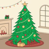 a christmas tree is in a room with a fireplace and a fireplace. vector
