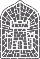 Church glass window. Gothic arch frame with medieval symbol. Vintage architecture element. Stained mosaic decoration with tower png