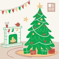 a picture of a christmas tree and a fireplace. vector