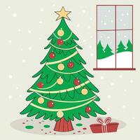 a christmas tree with a gift and a window with snow on it. vector