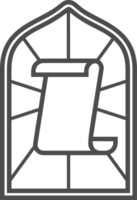 Church glass window. Gothic arch frame with medieval symbol. Vintage architecture element. Stained mosaic decoration with scroll of paper png