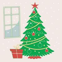a christmas tree with a window and a window with snow on it. vector