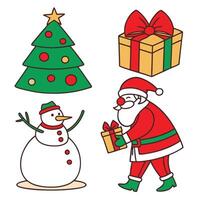 a snowman with a santa hat and a snowman next to a christmas tree. vector