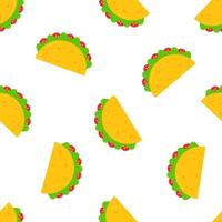 National taco day festive seamless pattern. Flat yellow taco with beef or chicken meat, green salad and red tomato randomly ordered on white background. illustration for mexican festival design vector