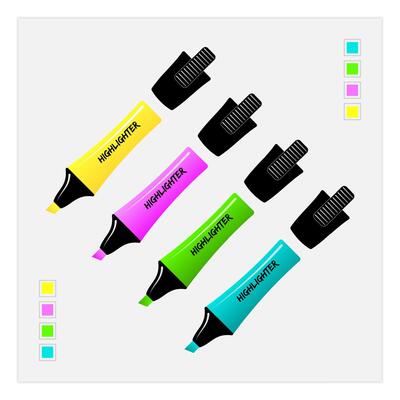 Colorful highlighter pen set. Realistic highlight permanent marker collection in pink and green, blue and yellow colors. illustration for business presentation or school note style design.