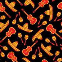 National mexican objects seamless pattern. texture with sombrero, guitar and maracas in red, yellow and orange colors on black background for event decoration or seamless fabric design vector