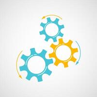 Mechanical cogs illustration. Development concept mechanism construction with cog and gear in orange and blue colors signify innovation teamwork. Cogwheel graphic for technical symbol vector