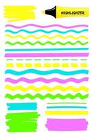 Set of highlighter brush pen hand drawn elements. Colorful highlight marker solid stripes, dashed or dotted lines, wavy strokes and sketchy rectangle hand drawings. illustration for memo note. vector