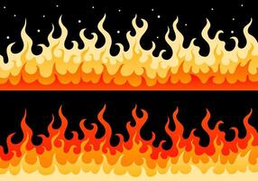 Flat wall of fire flame illustration. Two cartoon stylized borders with fire flame with spark and glow in different color schemes with red, yellow and orange colors for flammable safety vector