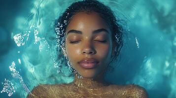 A young woman relaxes peacefully while floating in a shimmering pool, her eyes closed and face tranquil. Sunlight dances on the water surface, creating a soothing atmosphere. photo