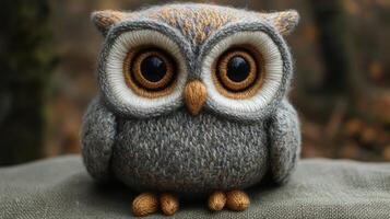 A beautifully crafted knitted owl with large expressive eyes sits on a soft background. The details highlight the care and artistic skill behind its creation, set in a serene outdoor environment. photo
