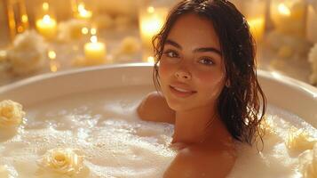 A young woman enjoys a soothing bubble bath surrounded by soft candlelight and delicate roses. The ambiance creates a tranquil atmosphere, perfect for relaxation. photo