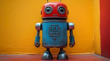 A charming vintage toy robot with a bright red head and a blue body stands against a vibrant orange wall. The playful design evokes a sense of nostalgia and whimsy. photo