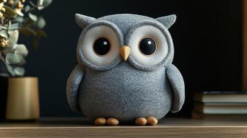 A soft gray owl figurine features large expressive eyes and a rounded body. Its presence adds charm to a wooden shelf adorned with decorative items in warm light. photo