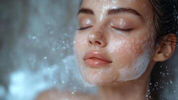 A woman relaxes with her eyes closed, savoring a bubble facial cleanse that hydrates her skin. Water droplets cascade around her, creating a tranquil and refreshing atmosphere. photo