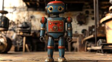 A colorful vintage robot toy stands in an aged workshop filled with various tools and machinery. Its blue and red paint is slightly worn, adding to its nostalgic charm. photo