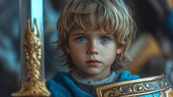 A young child stands with determination, holding a sword and dressed in intricate armor. The medieval background hints at a fantasy-themed event full of adventure and imagination. photo