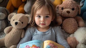 A young child is sitting on a soft surface, focused on a colorful storybook. Surrounding her are various plush teddy bears, creating a warm, playful atmosphere typical of an afternoon indoors. photo