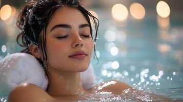 A young woman enjoys a peaceful moment in a luxurious spa, submerged in warm water with her eyes closed, surrounded by soft, ambient lighting. photo