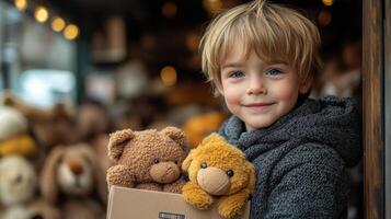 A young boy with light hair smiles while holding two plush toys, a bear and a lion, in a warm, inviting shop filled with stuffed animals, creating a delightful atmosphere. photo
