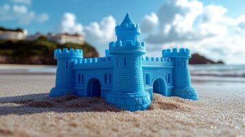 A bright blue sandcastle stands on a sandy shoreline, surrounded by soft sand. The sky is clear with fluffy clouds, while the ocean glistens in the distance. photo